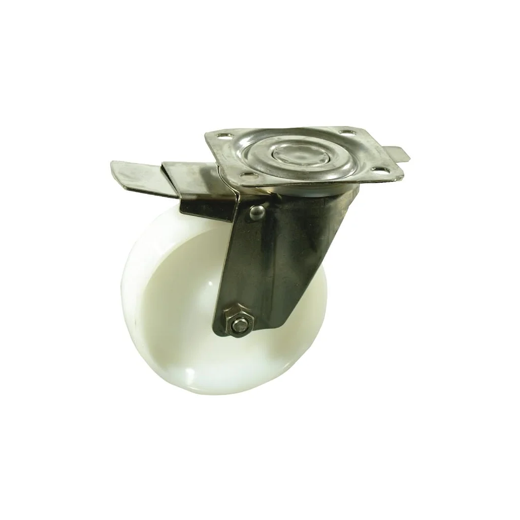 Roată pivotantă cu furcă, roată poliamidă: diametru 100x35mm, cu frână, placă de fixare din oțel inoxidabil: 105x85mm, Sarcină