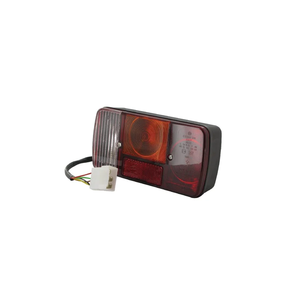 Lampă spate stânga dreptunghiulară, transparent/chihlimbar/roșu, cu șuruburi, fișă Deutsch 189,5x97mm, Cobo 021065000